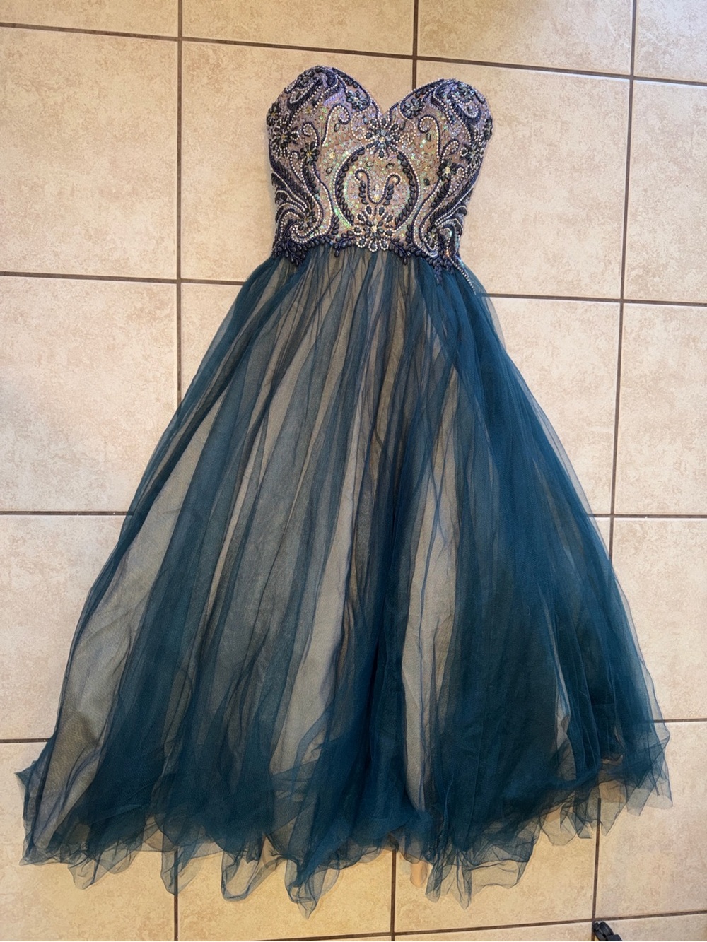 Teal Beaded Strapless Tulle Prom Gown Formal Dress Fairycore - Picture 3 of 13